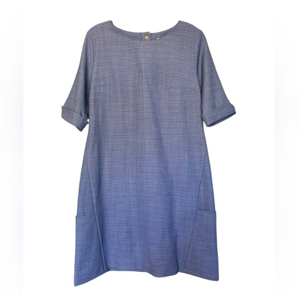 Esta Line Women's Crew Neck Blue Shift Dress Gold Button Detail Short Sleeve 8